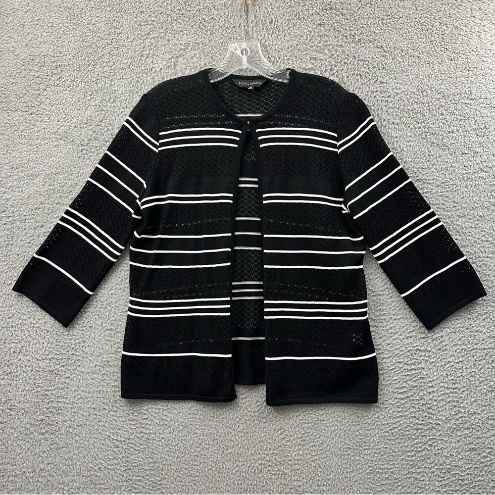 Ming Wang Open Knit 3/4 Sleeve Cardigan Business Workwear Black Women's Medium